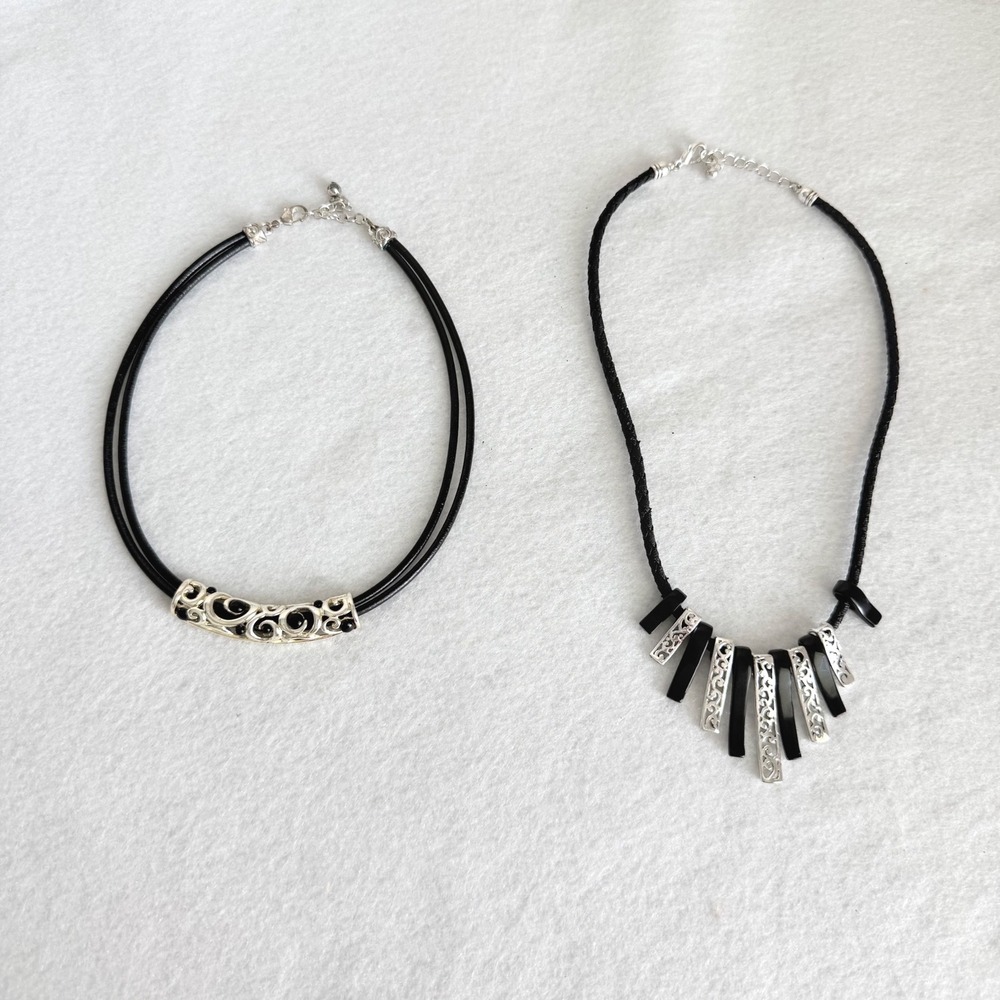 Two VTG Black‎ Cord Statement Necklaces Silver Tone Filigree & Fringe Pendants